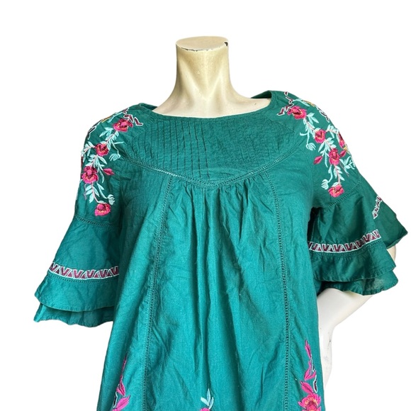 Free People Green Embroidered 3/4 Bell Sleeve Babydoll Boho Mini Dress Small - Picture 2 of 13